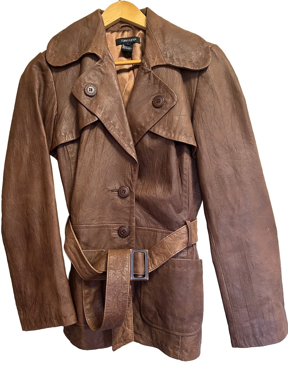 Karen Kane Vintage Distressed Brown Leather Pick Stitch Trench M